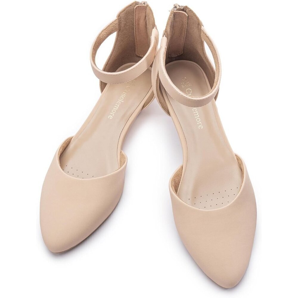 Women Nude Faux Leather Closed Pointed Toe Ankle Strap Low Wedge Heel Shoes